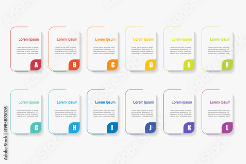 infographic elements template, business concept with 12 steps, rectangle  shapes design with multi color label for workflow layout, diagram, annual report, web design.Creative banner, label, vector