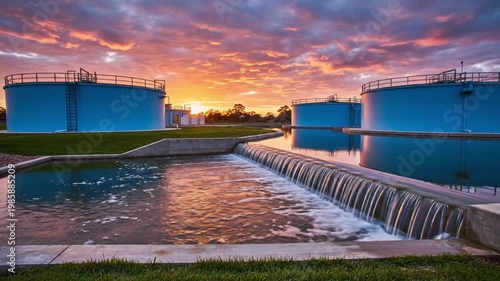 Large Cylindrical Water Storage Tanks Reflecting Warm Sunset Clouds

