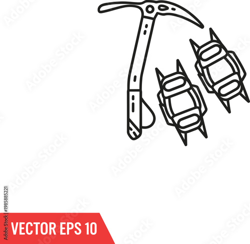 Ice axe and pair of climbing crampons winter mountaineering gear icon