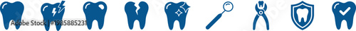 Dental care icons set featuring healthy and damaged teeth with dentist tools. Flat blue silhouette tooth symbols for stomatology clinic including shield protection and cleaning concepts.