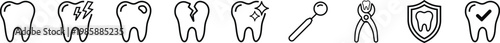 Stomatology line icons set showing various tooth conditions and dental tools. Minimalist black outline dental care symbols for healthcare apps and clinic identity design on transparent background.