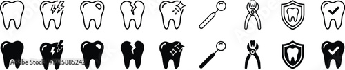 Comprehensive dental icons collection in outline and solid black styles. Professional tooth care symbols for dentistry clinics showing healthy damaged and protected teeth with instruments.