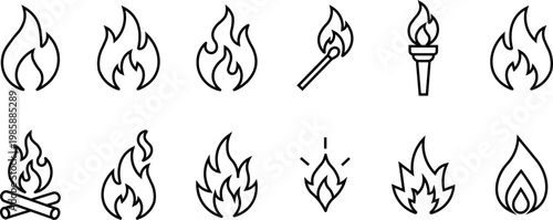 Outline set of fire and flame icons representing burning elements heat and energy suitable for various digital and print applications.