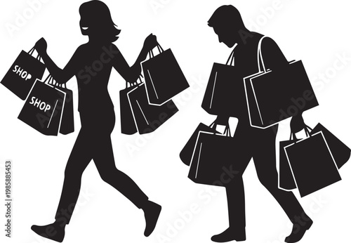 Couple Shopping Addiction Silhouettes and Funny Consumerism Art