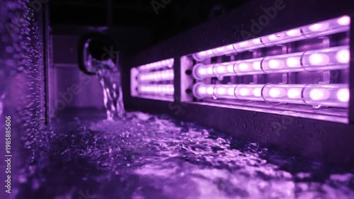 Interior of UV Disinfection Vessel with Glowing Purple Lamps and Clear Flowing Water