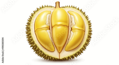 A detailed close-up illustration features a halved durian fruit, its creamy yellow segments exposed, set against a bright white background, rendered in a realistic style that highlights