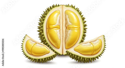 A halved durian fruit with visible yellow segments is presented in a detailed close-up, accompanied by two wedge-shaped portions, set against a stark white background to emphasize