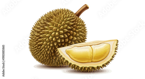 Illustration of a durian fruit and a cut slice showing the yellow pulp, set against a bright white background with soft shadows, creating a simple, inviting composition with natural colors