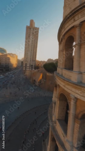 FPV Pass Along Colosseum Curved Stone Structure