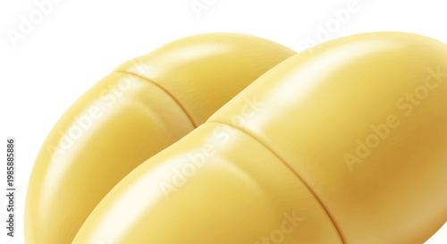 Macro shot of two yellow capsules lying side by side against a clean white background, showcasing their smooth surfaces and rounded shape with soft, diffused lighting creating a minimalist