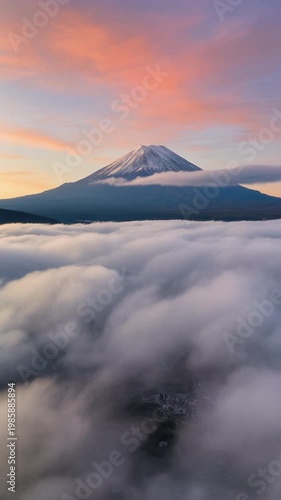 Cinematic FPV drone rising slowly above moving clouds to reveal Mount Fuji