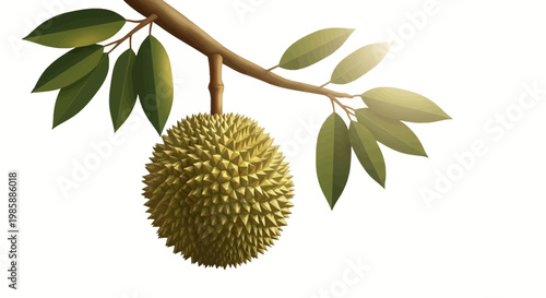 Isolated studio shot of a single durian fruit hanging from a branch with green leaves against a clean white background, rendered with soft, even lighting to highlight its spiky texture