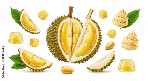 Overhead vector composition of sliced durian fruit and durian flavored sweets, including jelly and cream, arranged on a clean white background with a bright, inviting color palette