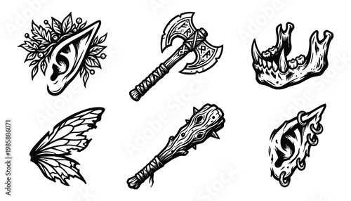 Fantasy RPG adventure icons featuring creature parts and medieval weapons in hand drawn style