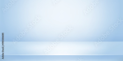 Empty studio background with soft blue gradient wall and empty limbo floor for product display. Minimal 3D room scene with clean podium platform and gentle light for photography showroom mockup.