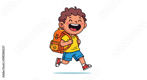 Cheerful young boy with an orange backpack joyfully runs, full of excitement for school or an adventure, embodying youthful energy and enthusiasm for learning and exploration