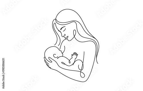 A continuous line drawing of a mother lovingly embracing her newborn baby.