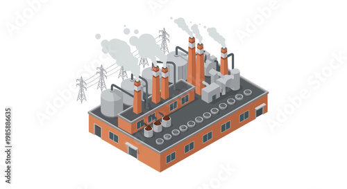 Isometric industrial factory with smoking chimneys, a vector illustration depicting manufacturing, energy, and environmental impact. Modern flat design graphic of a production complex