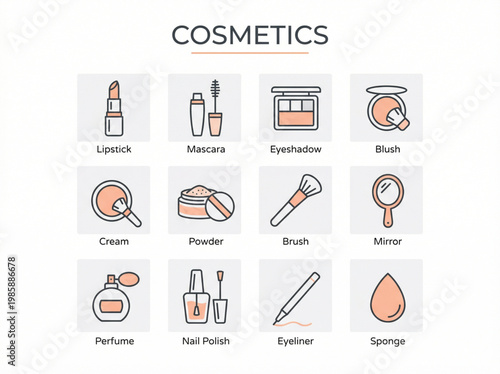 A comprehensive collection of twelve minimalist cosmetic icons featuring essential makeup tools and products presented in a clean, flat-line graphic design