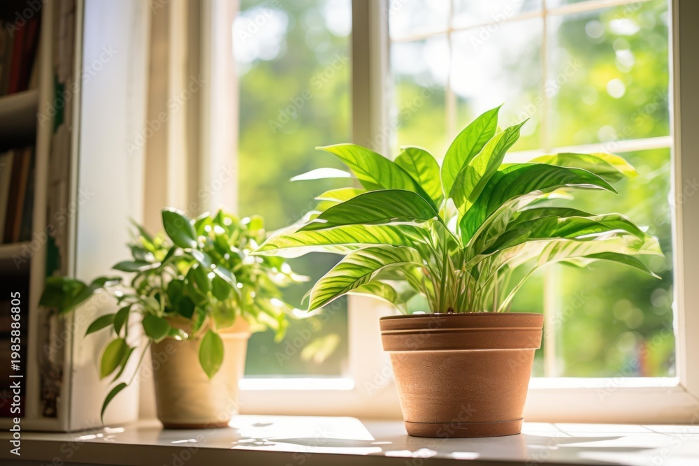 Fototapeta premium Green houseplants thriving in terracotta pots on a bright windowsill