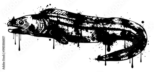 Moray eel swimming with artistic ink splashes and grunge drips