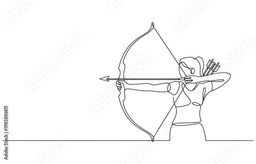 One line drawing of a woman archer aiming a bow and arrow with line art continuous competition recreation activity shooting concentration precision illustration minimalist traditional