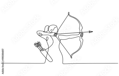 One line drawing of a woman archer aiming a bow and arrow with line art continuous competition recreation activity shooting concentration precision illustration minimalist traditional