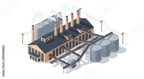 Industrial factory with silos and conveyor belts, representing manufacturing and production processes in a modern industrial setting