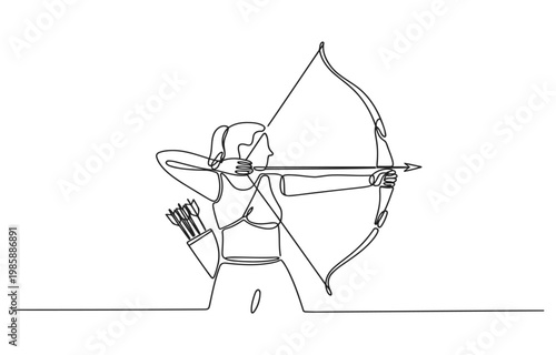 One line drawing of a woman archer aiming a bow and arrow with line art continuous competition recreation activity shooting concentration precision illustration minimalist traditional