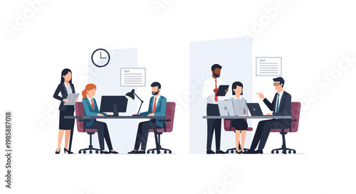 Professional employees collaborate in a modern office environment, working at desks with computers and tablets in two distinct groups.