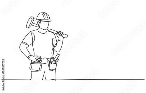 Continuous line drawing of a builder with sledgehammer single line construction sledgehammer industry profession illustration minimalist equipment strength building occupational protective