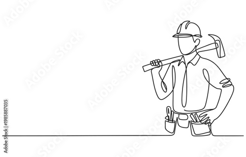 Minimalist line art of a construction worker with tools single line construction sledgehammer industry profession illustration minimalist equipment strength building occupational handyman