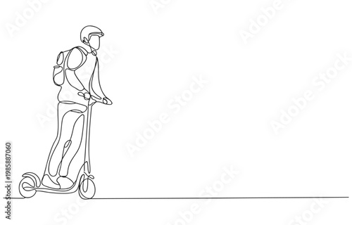 Single line drawing of a person riding an electric scooter with a backpack line art one young adult personal transport eco friendly outdoor activity leisure activity sport
