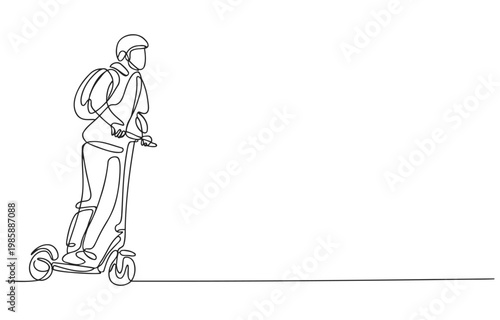 Single line drawing of a person riding an electric scooter with a backpack line art one young adult personal transport eco friendly outdoor activity leisure activity sport