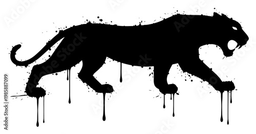 Panther silhouette prowling with dripping paint and ink splatter grunge style