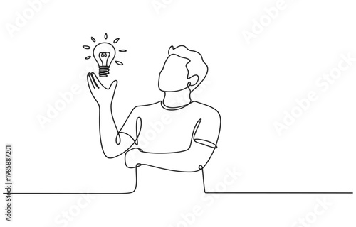 Man holding a glowing light bulb concept of idea generation single line white background inspiration creativity generation illustration thinking brainstorming solution innovation discovery