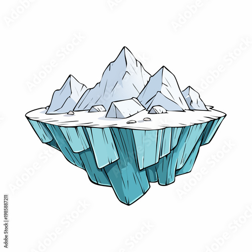 Floating iceberg with snow-capped mountains and icy cliffs, isolated on white background.