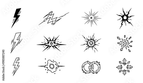 A set of black and white vector graphic explosion and lightning bolt icons