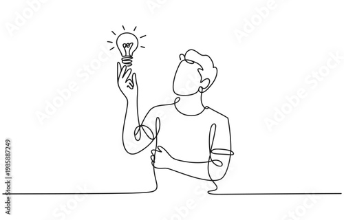 Man holding a glowing light bulb concept of idea generation single line white background inspiration creativity generation illustration thinking brainstorming solution innovation discovery