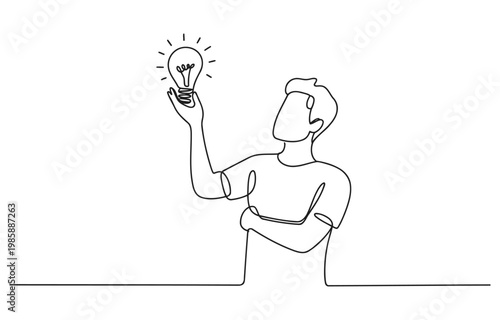 Man holding a glowing light bulb concept of idea generation single line white background inspiration creativity generation illustration thinking brainstorming solution innovation discovery