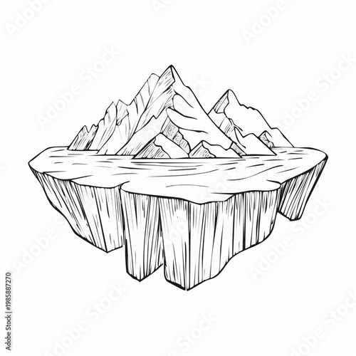 Hand-drawn sketch of a floating island with jagged mountains and icy terrain.
