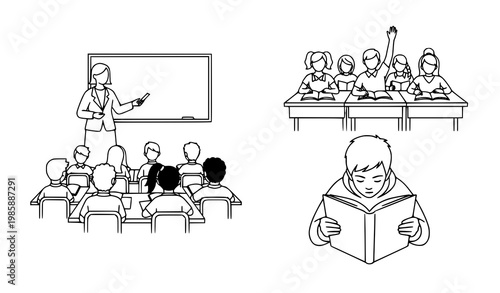 A minimalist vector illustration of a teacher and students in a classroom setting
