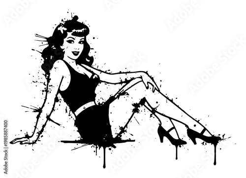 Pin up girl sitting in retro pose with artistic ink splatters and dripping paint effects