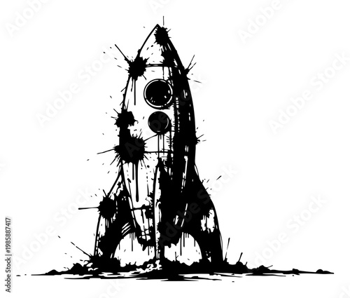 Retro rocket ship launching with artistic ink splatters and messy paint drips