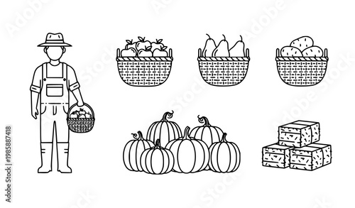A minimalist line art illustration of a farmer with harvest baskets and produce