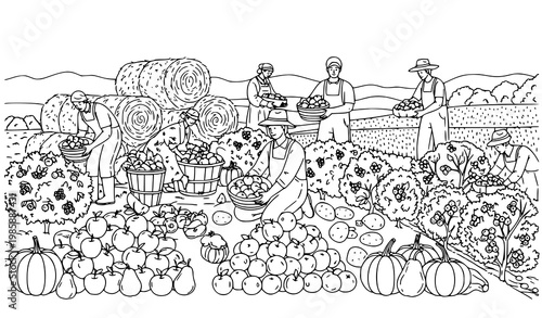 A black and white illustration of people harvesting fruits and vegetables in a field