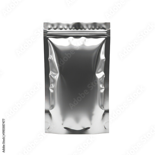Shiny silver foil pouch standing upright with reflective surface isolated on white background