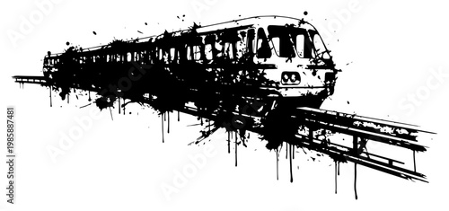 Train traveling on tracks with artistic ink splatters and grunge drips