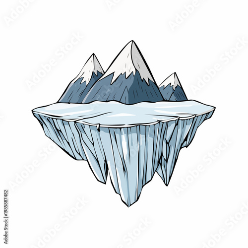 Floating island with snow-capped mountains and icy cliffs, isolated on white background.