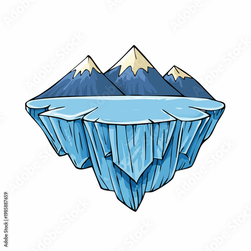 Cartoon illustration of a floating iceberg with snow-capped mountains and a body of water.